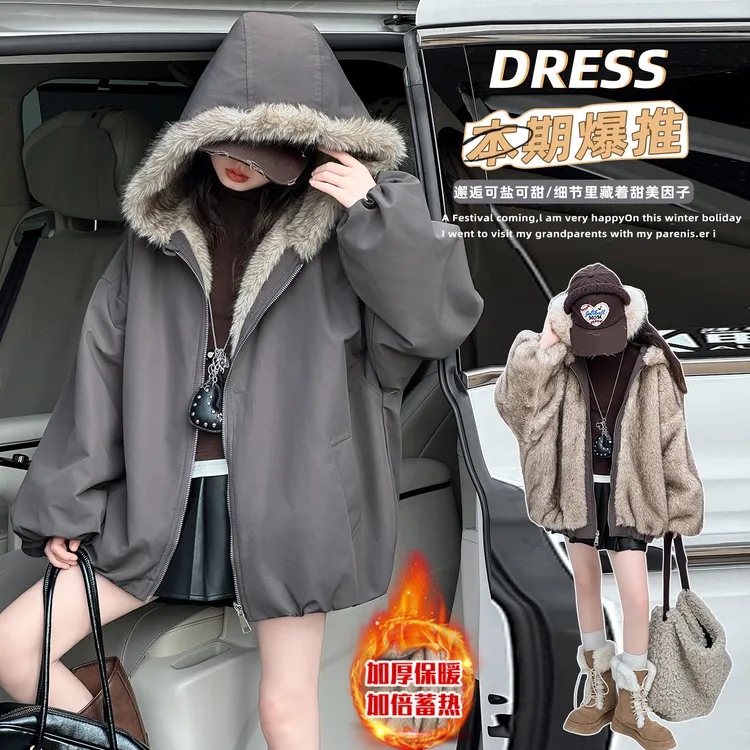 2025女童冬季新款中大童时尚女孩秋冬洋气两面穿连帽加厚皮草外套