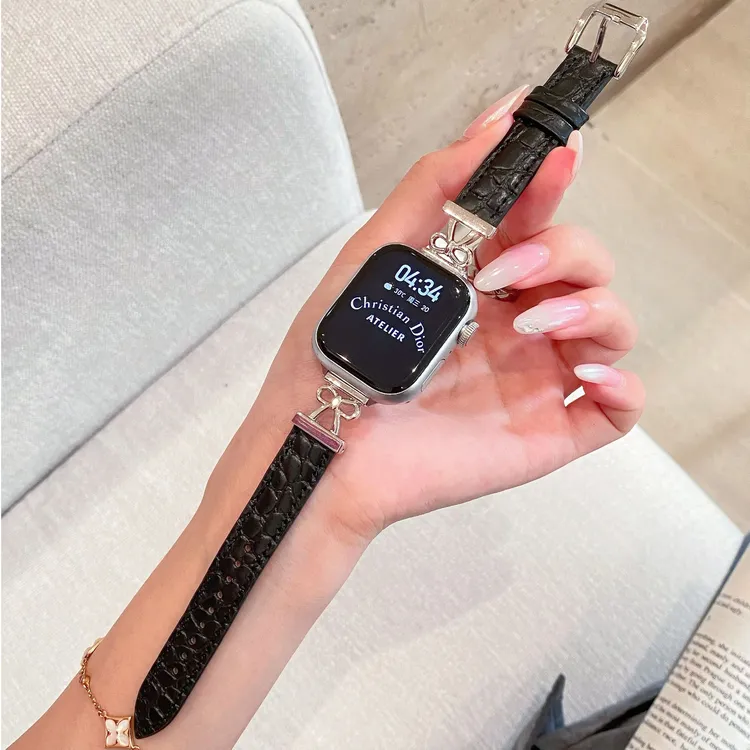 适用苹果Applewatchs10手表带鳄鱼纹真皮腕带iWatch9蝴蝶结扣87代