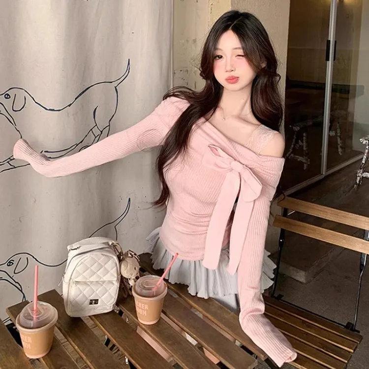 2025新款秋冬一字肩纯欲绝美蝴蝶结露肩内甜妹上衣长袖T恤女外穿