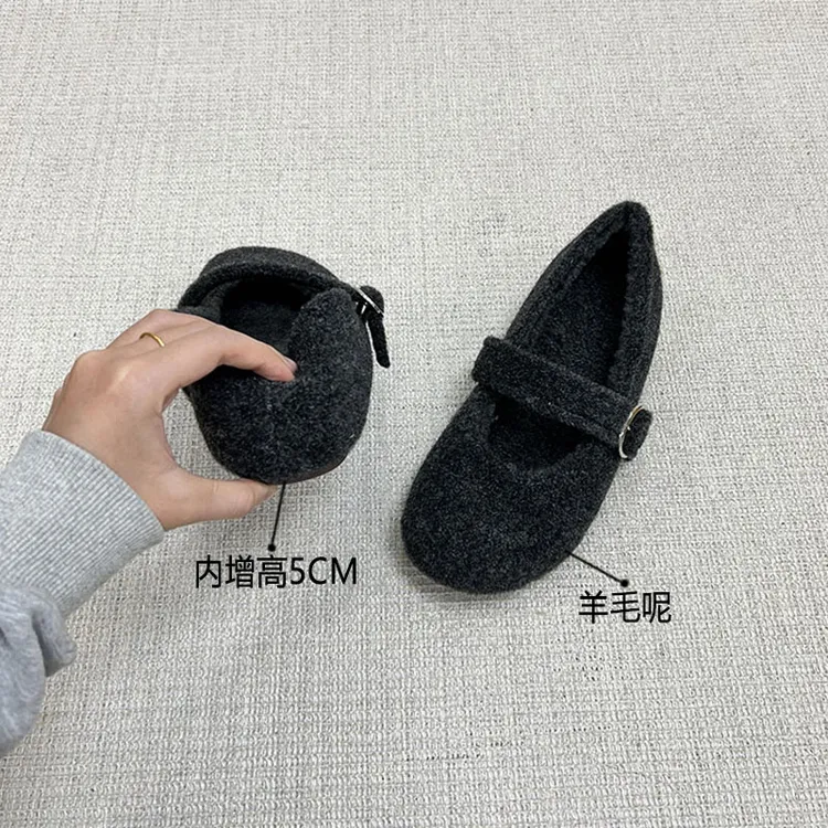 高级感毛呢玛丽珍鞋女2025新款内增高一字带法式圆头豆豆单鞋女