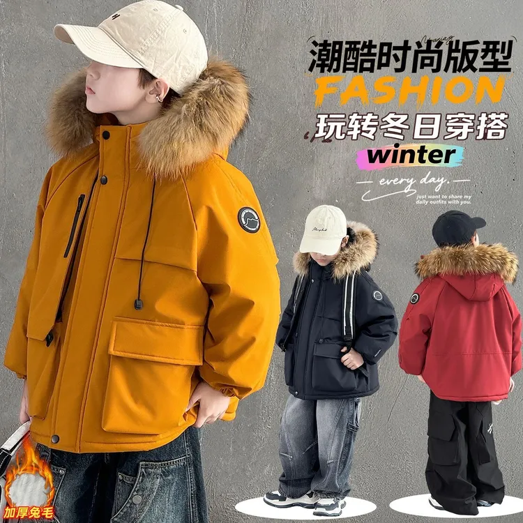 儿童加棉加厚派克服一件过冬大棉袄防寒保暖毛领棉衣时尚潮流棉服
