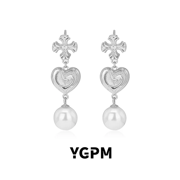 925银莫桑石耳饰 YGPM十字架爱心耳钉女纯银莫桑石珍珠设计高级感