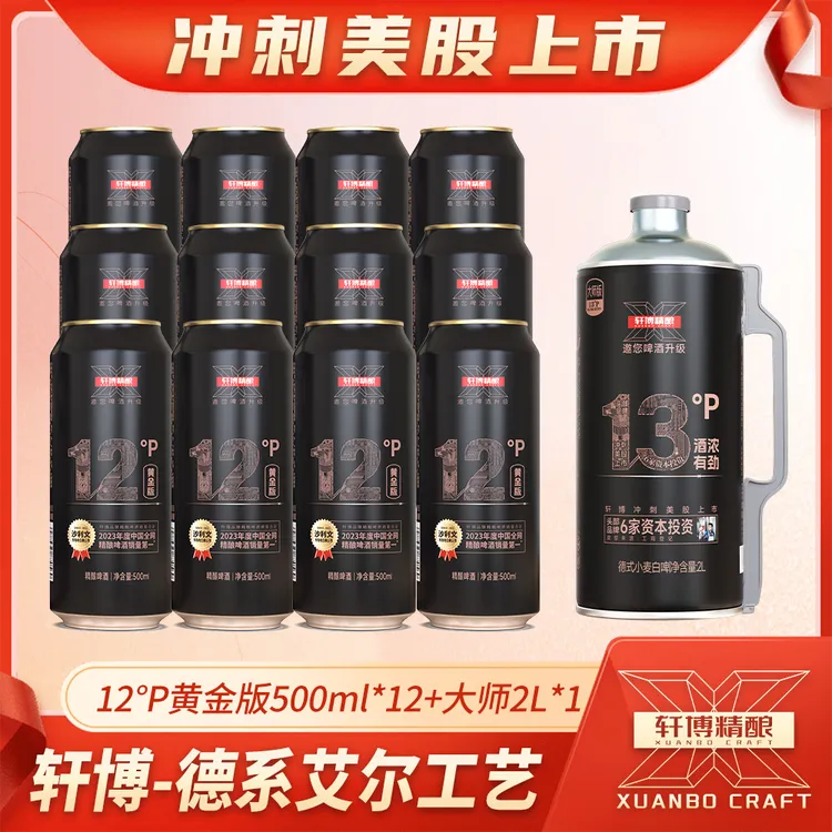 轩博精酿白啤麦芽度 12P°黄金版500ml*12瓶+大师2L单桶-S