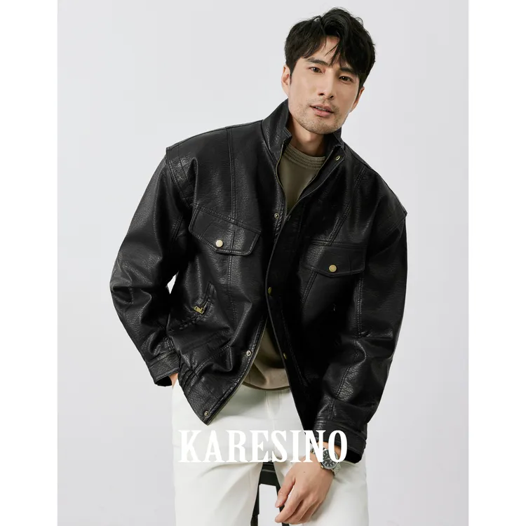 KARESINO秋冬美式立领休闲黑色机车皮衣外套短款男士痞帅皮夹克