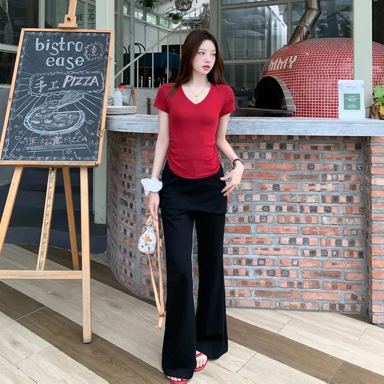 2025夏季新款女韩系穿搭V领短袖t恤上衣百搭高腰假两件直筒长裤