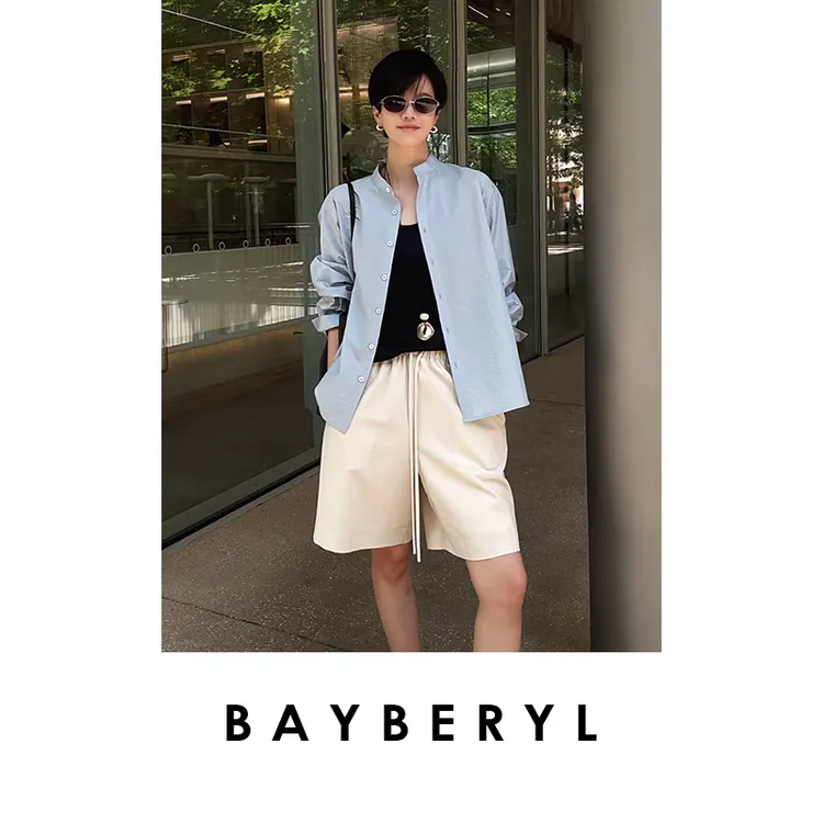 BAYBERYL老贝钱布雷蓝*微皱立领简约松弛排扣衬衫NCY5E2306