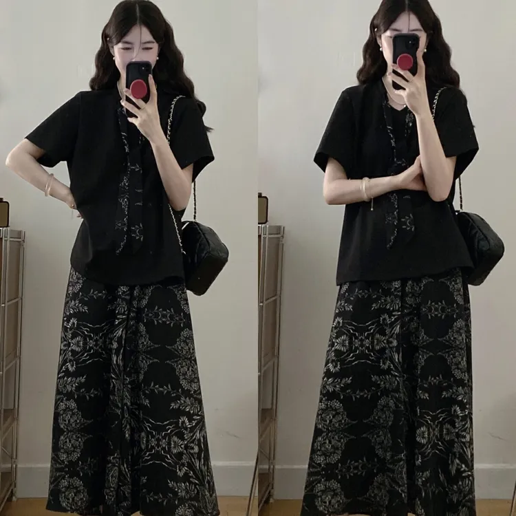新品大码女装2025夏季搭配一整套显瘦新中式国风水墨画黑色套装裙