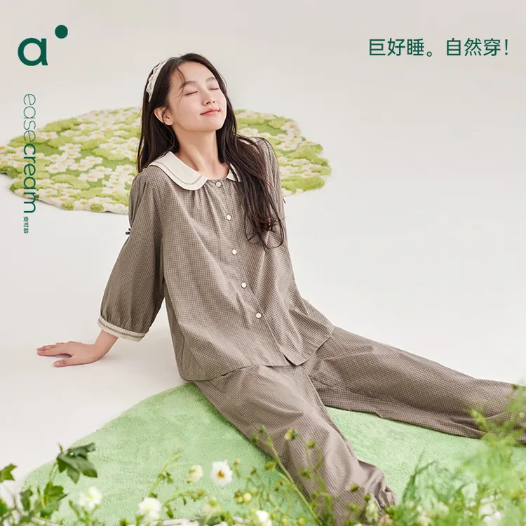 安之伴梭织纯棉睡衣女套装七分袖春款透气外穿秋天时尚高级家居服