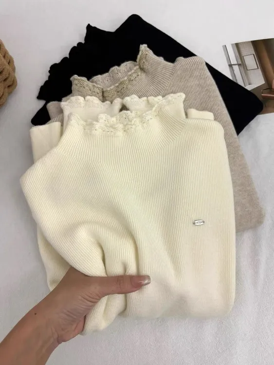 蕾丝拼接毛衣2026年新款半高领针织衫女时尚百搭打底衫上衣K1-42