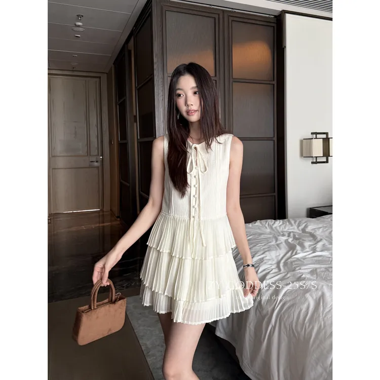 【ZY】莱赛尔无袖马甲拼接百褶下摆小衫+压褶蛋糕短半身裙套装26061