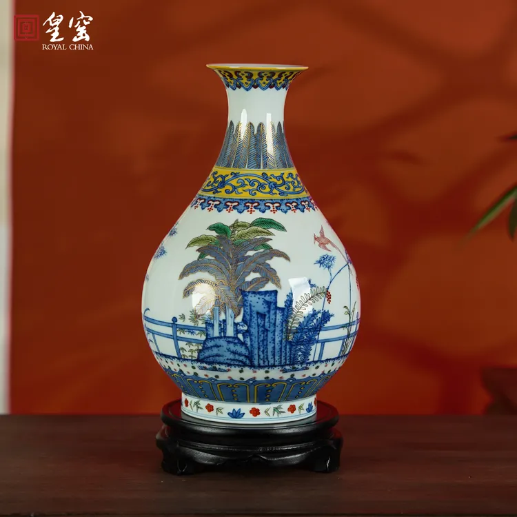 皇窑景德镇花瓶五彩描金玉壶春手绘陶瓷瓶家居客厅玄关博古架摆件