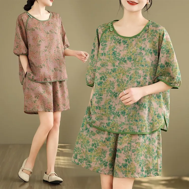 复古碎花套装女夏季文艺简约气质薄款宽松盘扣套头衬衣短裤两件套