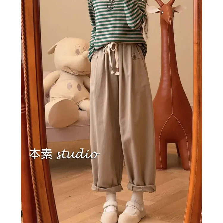 C4744斜纹绊扣松紧腰系带老爹裤