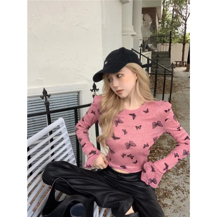 HYG蝴蝶防嗮T恤女季新款显瘦短款长袖打底上衣百搭时尚宽松