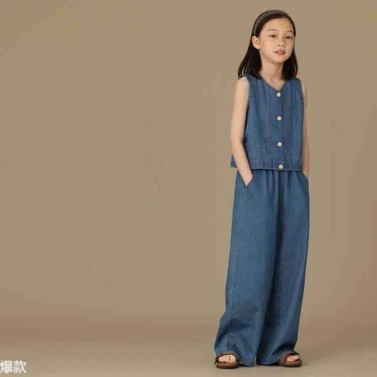 哈齿童装儿童牛仔套装女大童夏装亲子纯棉宽松背心拖地阔腿裤长裤