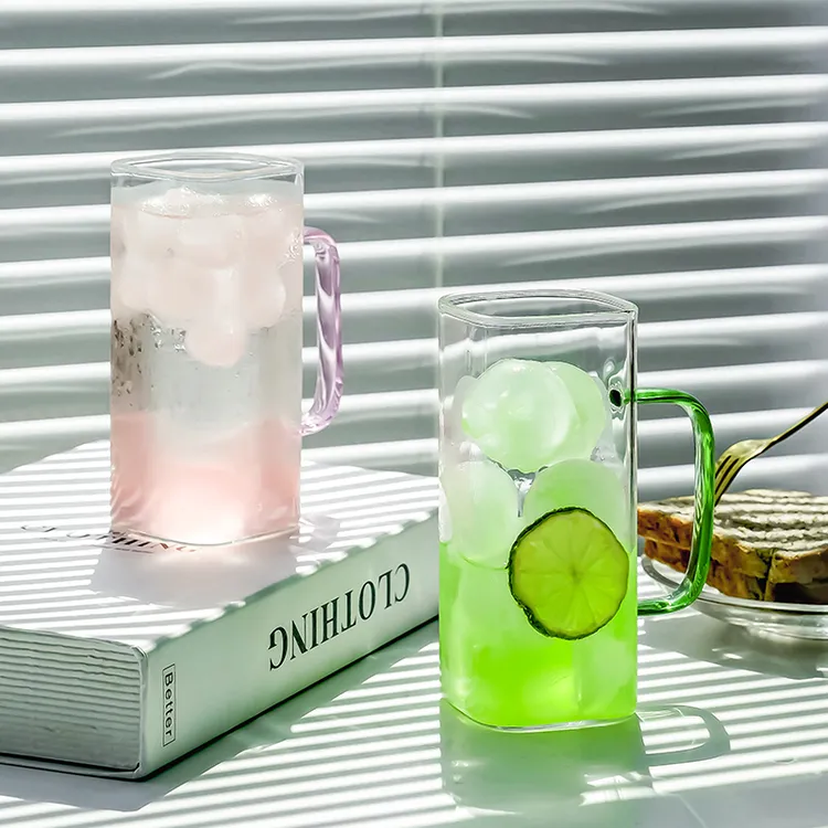 玻璃杯高颜值方形水杯女家用带把手吸管杯透明饮料耐高温杯子ins