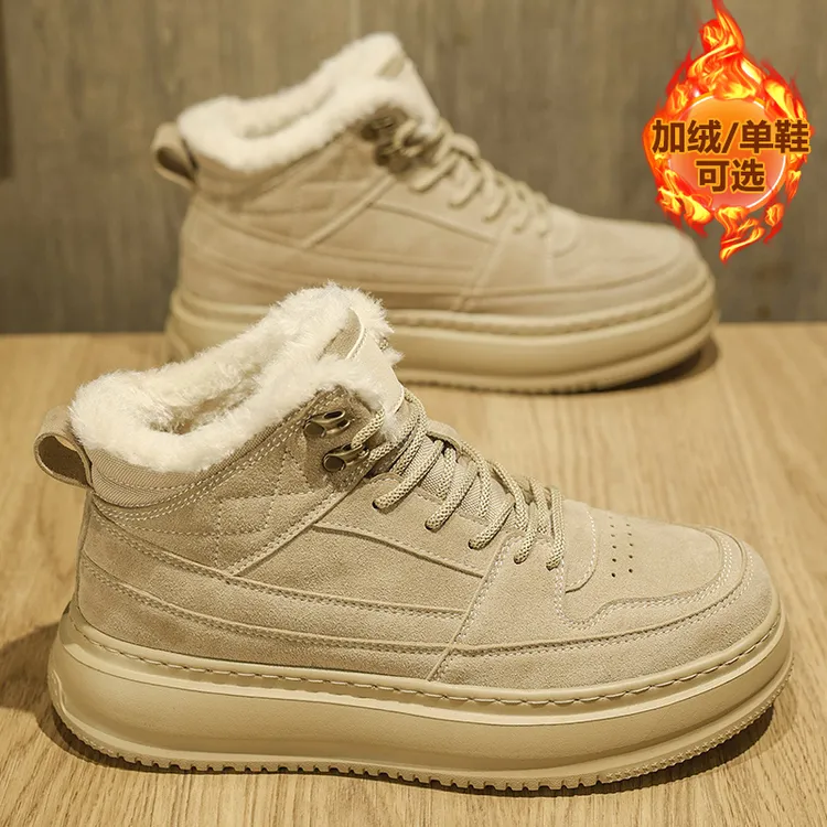 复古风加绒高帮板鞋男款冬季新款轻便厚底防滑加厚大棉中帮运动鞋