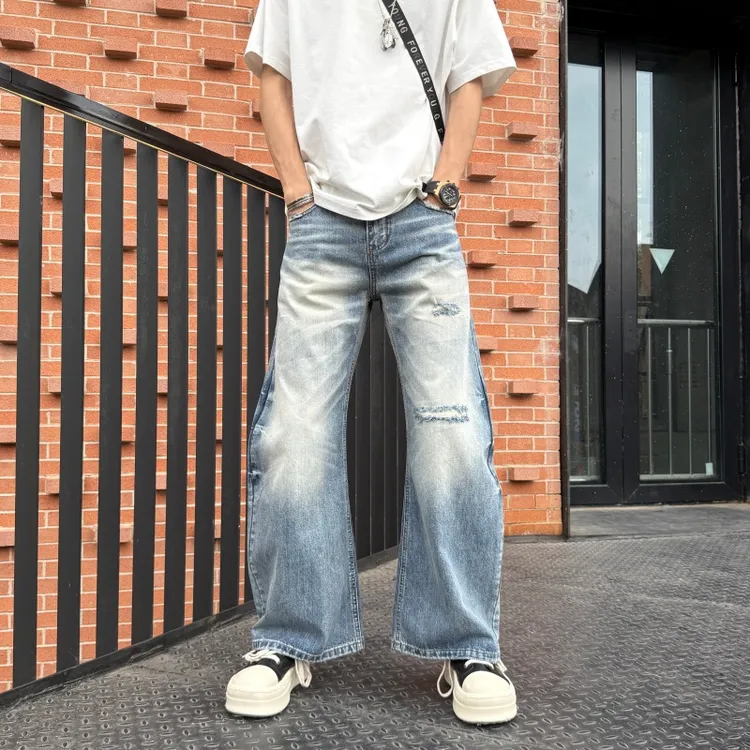 2025秋美式水洗设计感磨破弯刀牛仔裤男士美式做旧弯刀男士牛仔裤