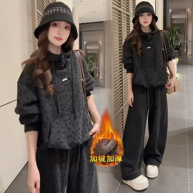 加绒加厚时尚套装女秋冬季新款洋气豹纹连帽卫衣阔腿裤休闲两件套