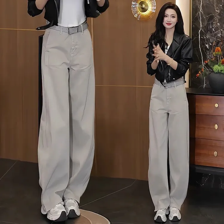 莫兰迪灰弯刀直筒牛仔裤女2025年春秋季新款高腰宽松阔腿香蕉裤子