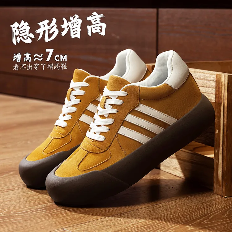 德训鞋男隐形内增高7cm2025新款休闲板鞋真皮厚底蓬蓬阿甘小白鞋