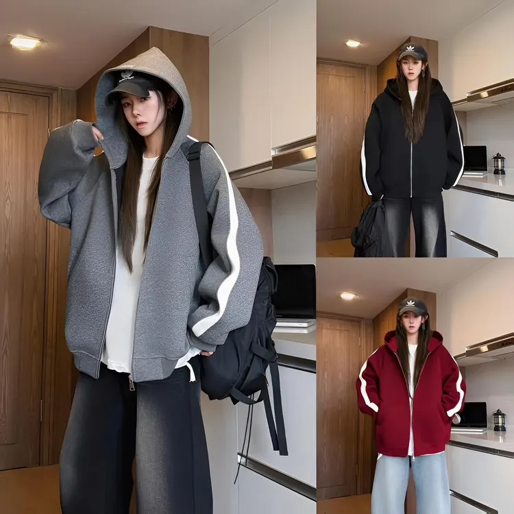 秋冬重磅时尚宽松连帽卫衣男女百搭休闲拼接运动情侣款开衫外套