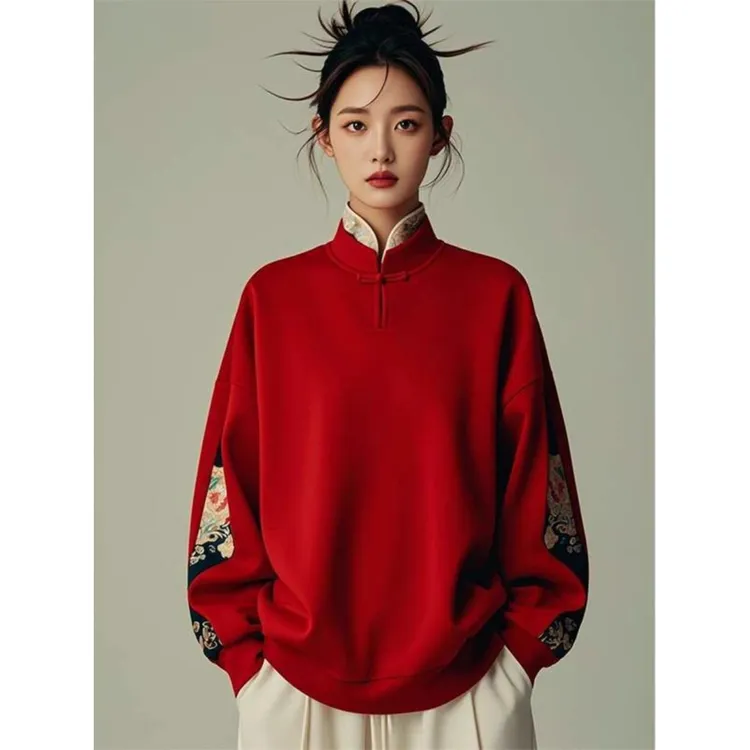 大码新中式国风百搭红色卫衣女秋冬宽松过年高级感上衣潮长袖立领