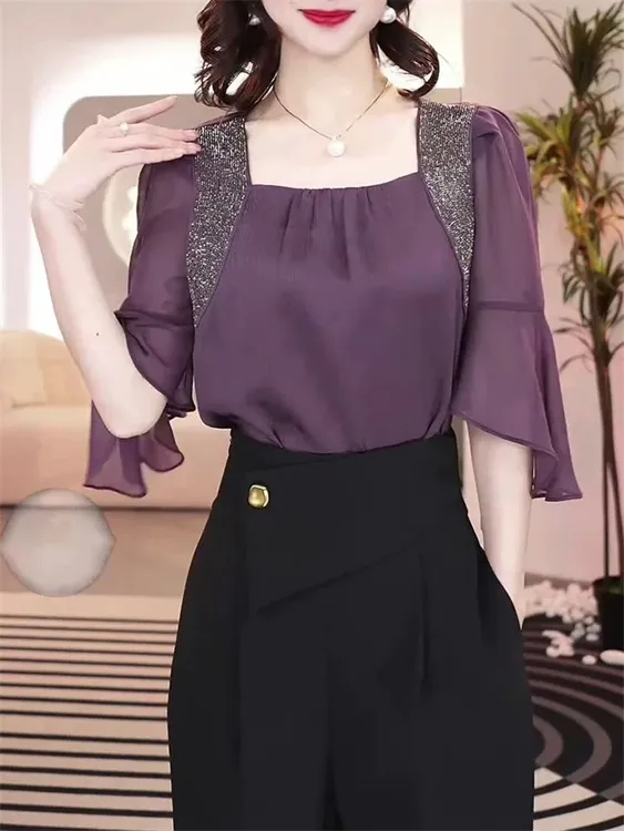 9005#法式拼接荷叶袖紫色衬衫女减龄遮肚子宽松气质方领上衣