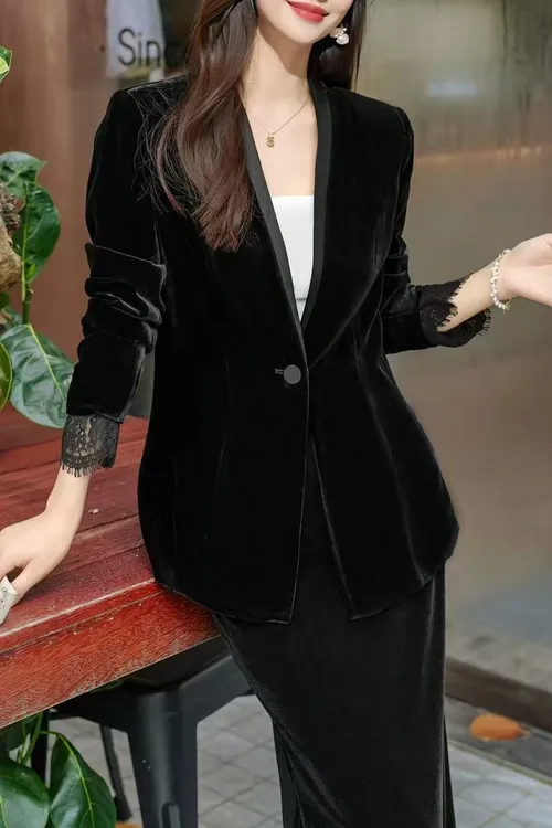 蕾丝常规袖长袖一粒扣西装西服气质