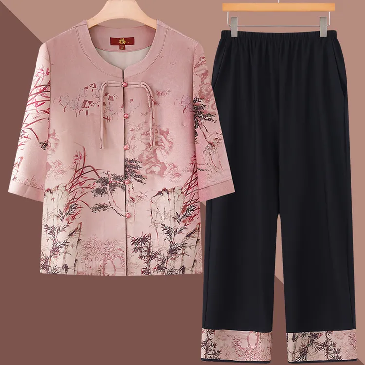 老太太夏装衬衫薄款60岁70老年人女装妈妈夏季套装时尚奶奶两件套