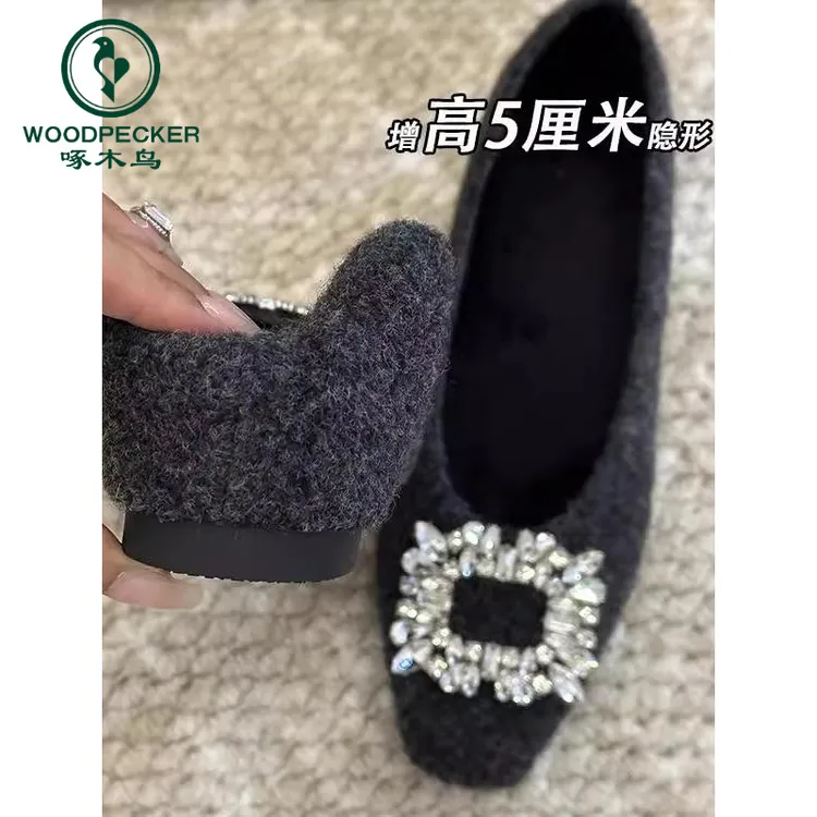 啄木鸟小个子内增高5CM方扣毛毛鞋女冬季加绒保暖浅口玛丽珍鞋女