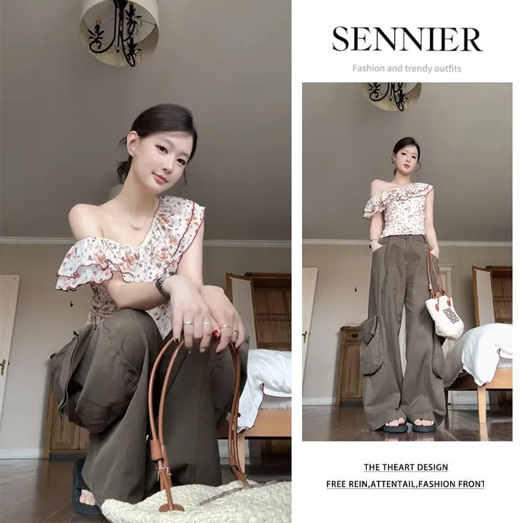 时尚穿搭女2025夏季新款荷叶边修身碎花斜肩上衣显瘦阔腿裤两件套