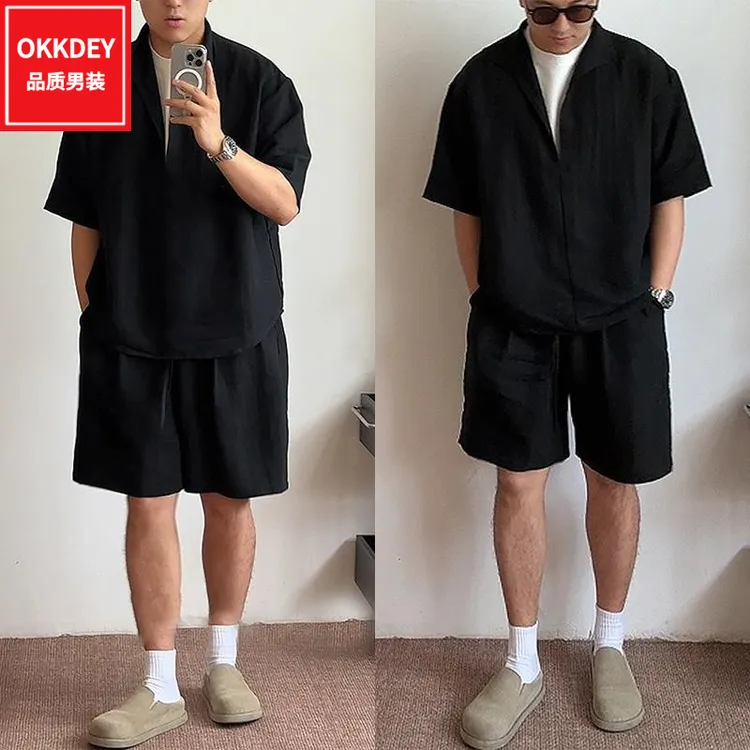 夏季新款男士高级感老钱风套装宽松短袖t恤休闲运动五分裤两件套