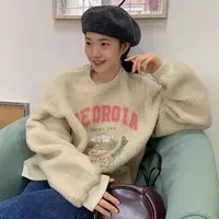 韩国冬复古温柔风圆领字母印花宽松百搭款长袖羊羔毛卫衣（172-L）