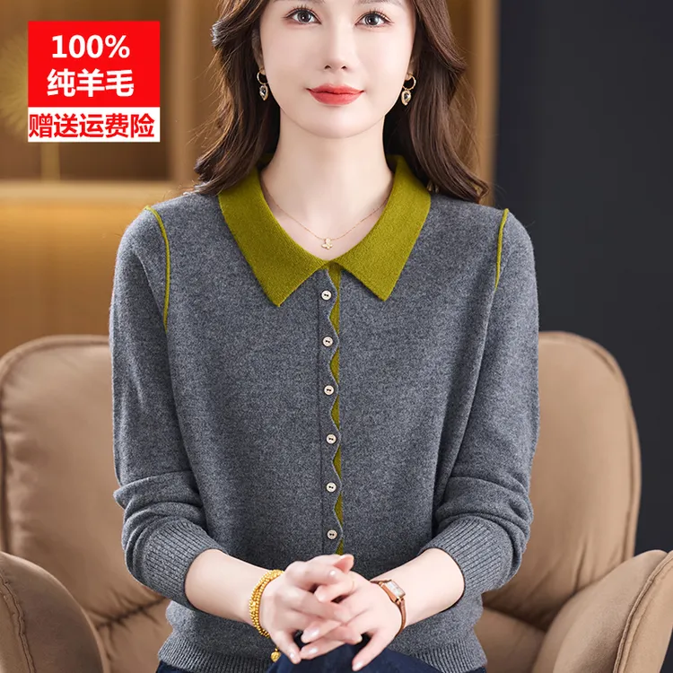 100%纯羊毛衫女秋冬新款翻领毛衣宽松大码针织衫妈妈装纯色打底衫