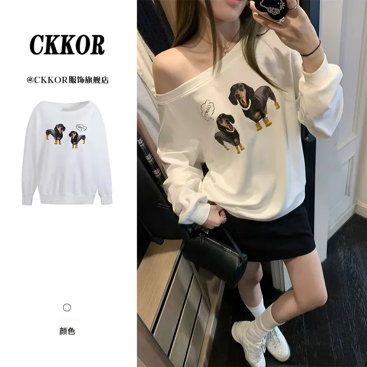 CKKOR韩系一字肩宽松百搭长袖卫衣女早秋爆款露肩小众高级感女装