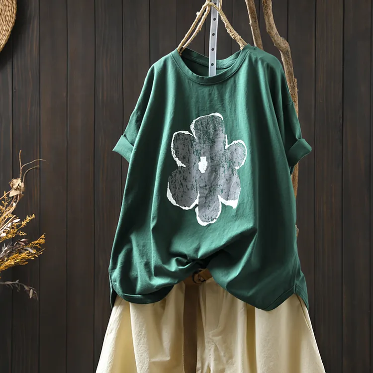 花朵印花绿色短袖t恤女宽松大码2025新款夏休闲百搭遮肉套头上衣