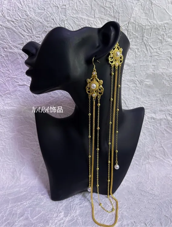 铜合金仿珍珠耳饰 民族风蒙古元素连体中式手工耳环古风复古饰品