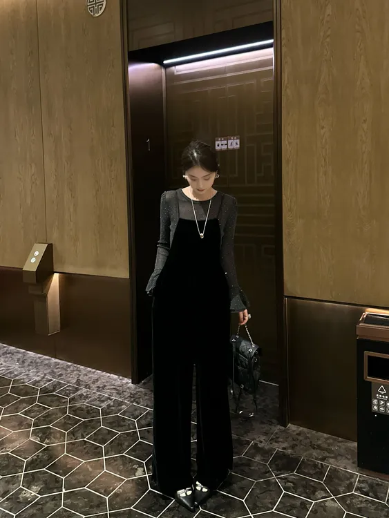R123301W休闲裤高腰复古设计感针织背带法式长裤阔腿裤小众