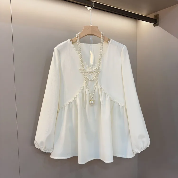 新款高级感胖妹妹甜美风气质洋气减龄Ｖ领拼接花边长袖上衣2025