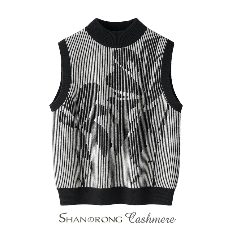 双色提花加厚羊绒背心女半高领无袖2025年秋冬针织保暖舒适小毛衣