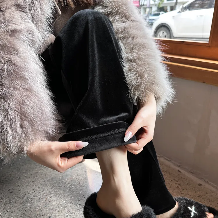 金丝绒窄版阔腿大码女装梨形微胖妹妹加绒高腰宽松显瘦遮肉拖地裤