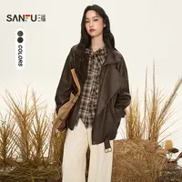 三福厚外套2025冬季下摆皮扣大翻领放宽松皮衣夹克女装509093