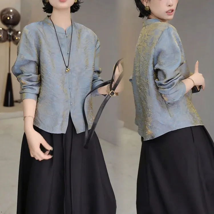 新中式复古直襟立领唐装上衣2025秋季宽松遮肉薄款长袖开衫衬衣女