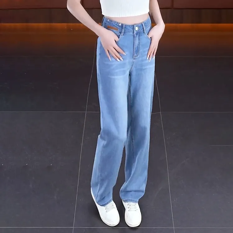 女高腰适中阔腿裤薄款刺绣牛仔裤显瘦休闲蓝色直筒裤