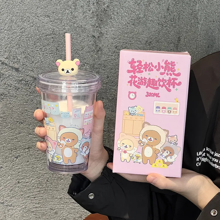 轻松熊吸管杯女生高颜值2026新款学生可爱水杯防摔带吸管杯子塑料