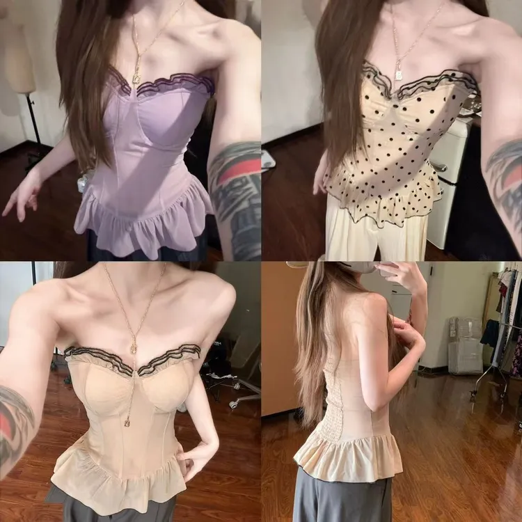 【怦然心动】鱼骨造型胸垫网纱抹胸后背弹力显瘦上衣+开衫套装56413