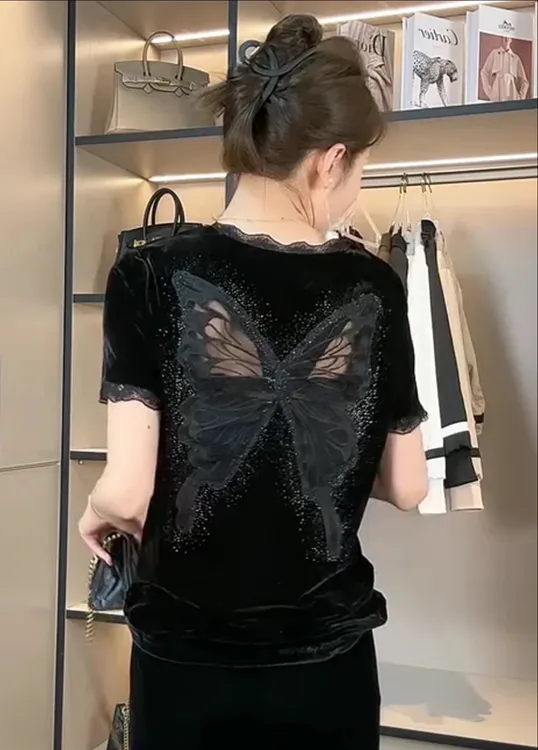 大码时尚潮流减龄气质高雅Ｖ领美背显瘦韩版修身镂空黑色洋气小衫