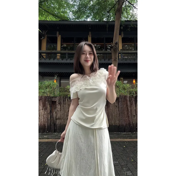 韩系不规则斜肩蕾丝拼接短袖t恤辣妹花朵正肩上衣双层半身裙长裙