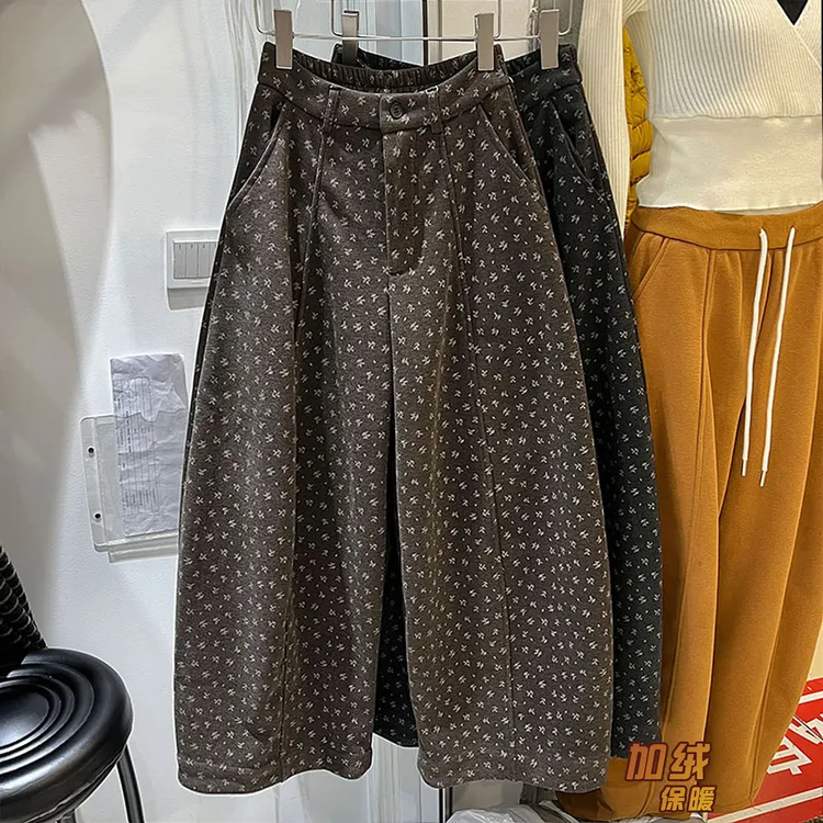 韩系碎花加绒加厚休闲裤慵懒风阔腿裤女2025冬新宽松显瘦长裤子潮